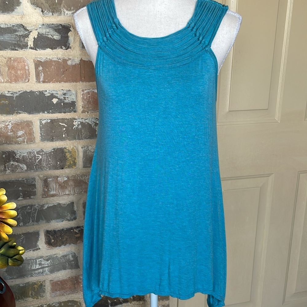 Max Edition Pleated Halter Neck Swing Top Teal Blue Polished Jersey Knit Large - Picture 2 of 13